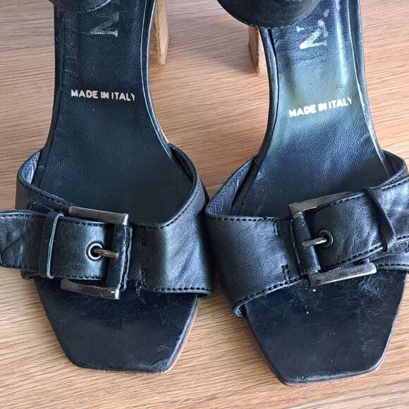 Melin Vintage Leather Ankle Strap Sandals Women 36 Black Block Heel Wood Detail - Picture 10 of 13